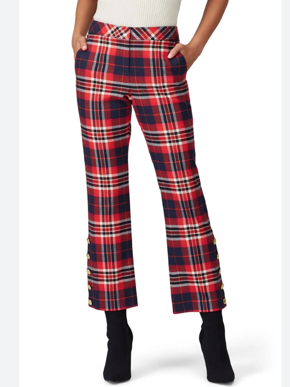 Trina Turk Red Navy Plaid Cropped Mercury Pants with Gold Buttons